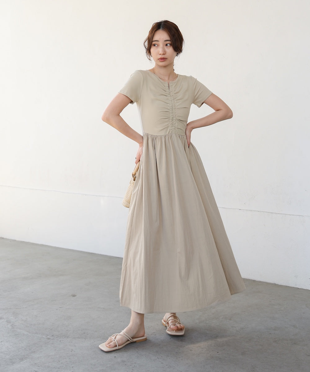 フロントギャザー異素材ドッキングワンピース