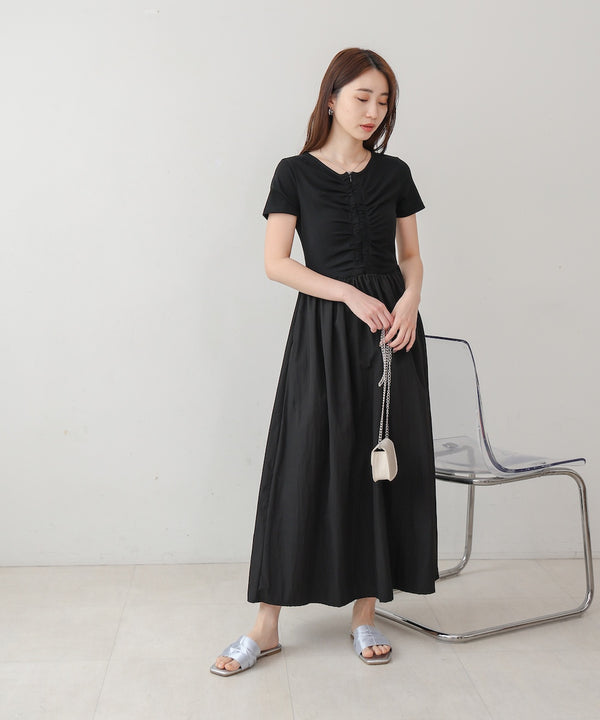 フロントギャザー異素材ドッキングワンピース