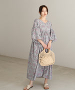 バルーン袖ミドル丈プリントワンピース