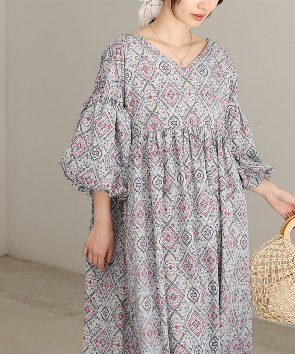 バルーン袖ミドル丈プリントワンピース