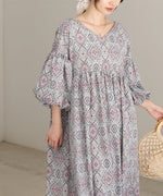 バルーン袖ミドル丈プリントワンピース