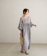 バルーン袖ミドル丈プリントワンピース