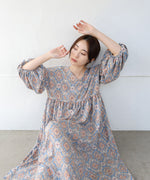 バルーン袖ミドル丈プリントワンピース