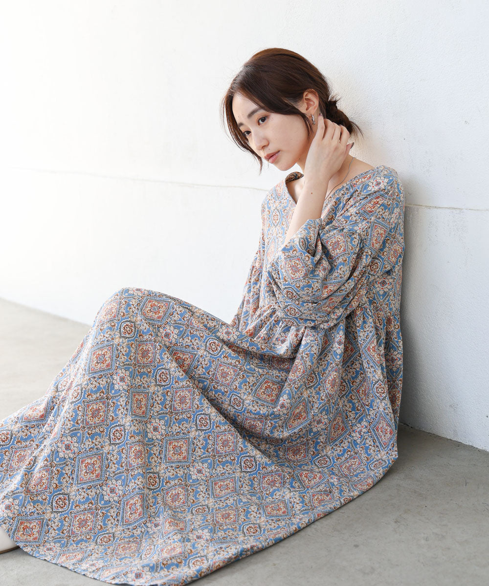 バルーン袖ミドル丈プリントワンピース