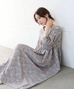 バルーン袖ミドル丈プリントワンピース