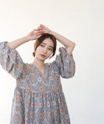 バルーン袖ミドル丈プリントワンピース