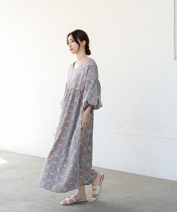 バルーン袖ミドル丈プリントワンピース