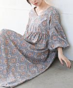 バルーン袖ミドル丈プリントワンピース