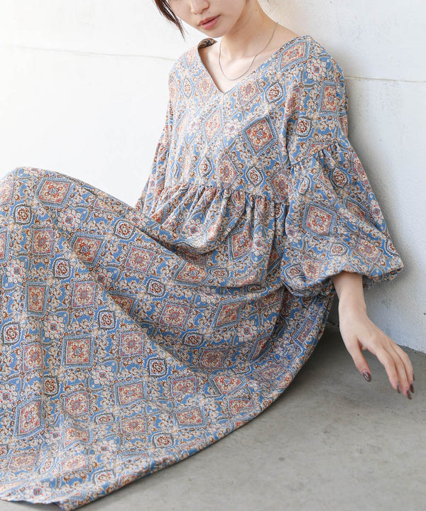 バルーン袖ミドル丈プリントワンピース