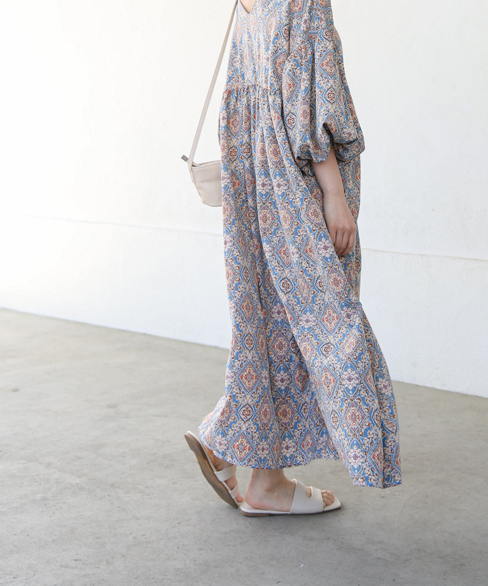 バルーン袖ミドル丈プリントワンピース