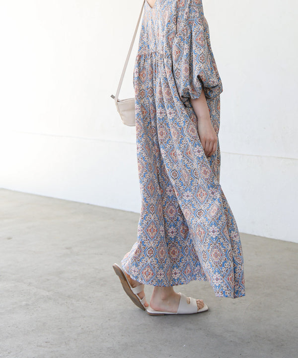 バルーン袖ミドル丈プリントワンピース