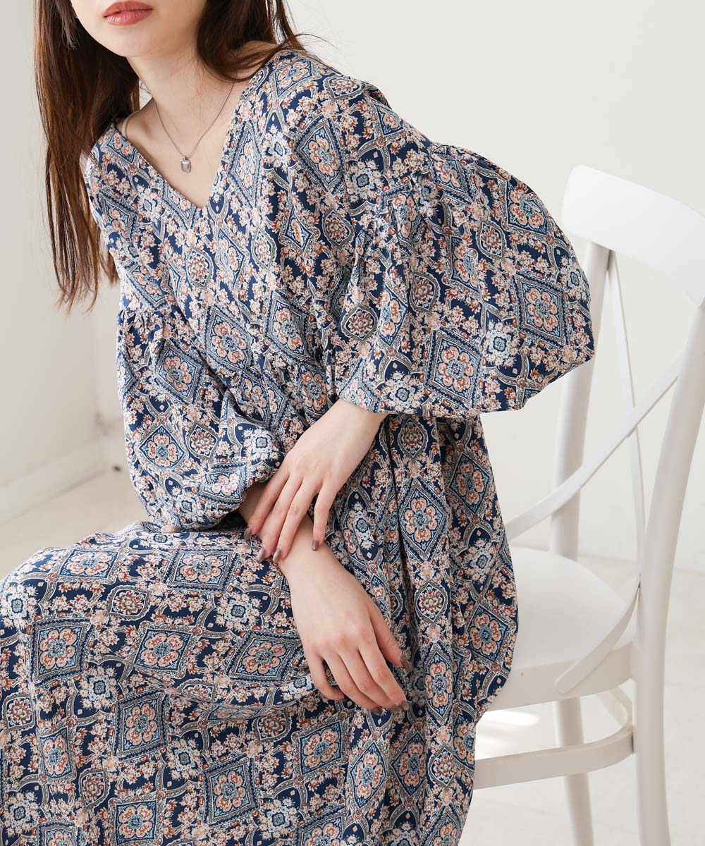 バルーン袖ミドル丈プリントワンピース