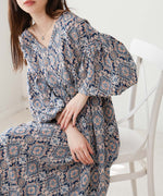 バルーン袖ミドル丈プリントワンピース