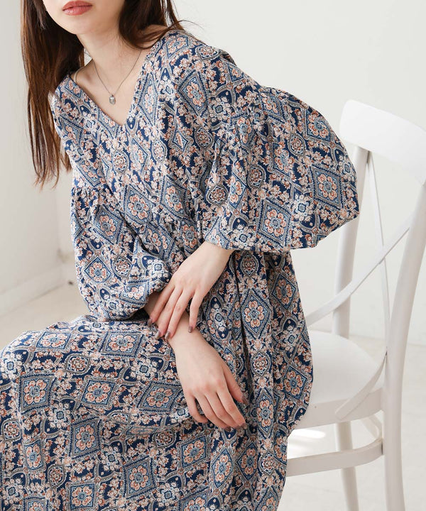 バルーン袖ミドル丈プリントワンピース