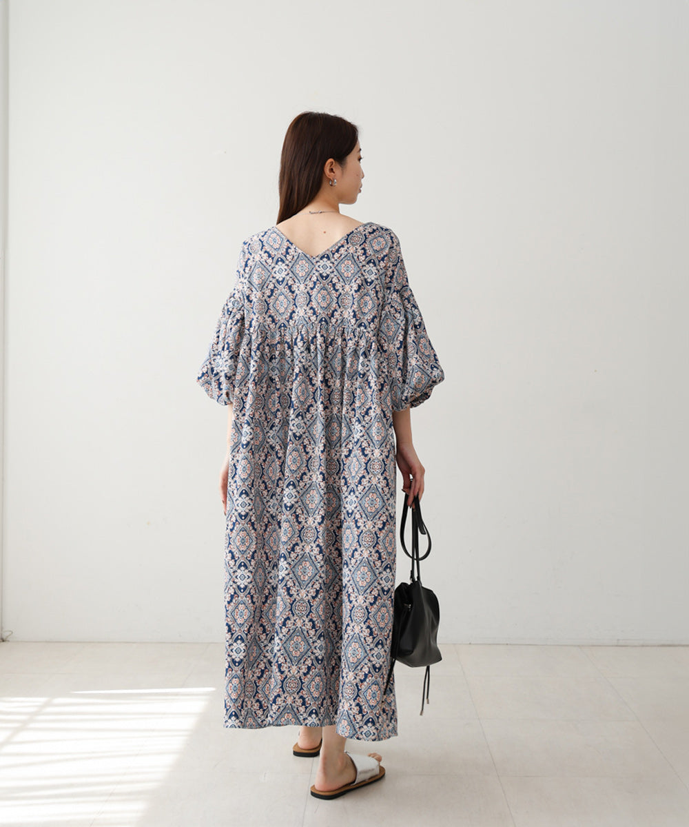 バルーン袖ミドル丈プリントワンピース