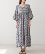 バルーン袖ミドル丈プリントワンピース