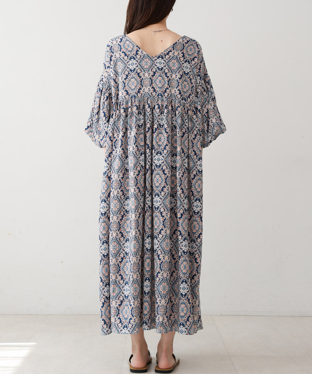 バルーン袖ミドル丈プリントワンピース