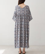 バルーン袖ミドル丈プリントワンピース