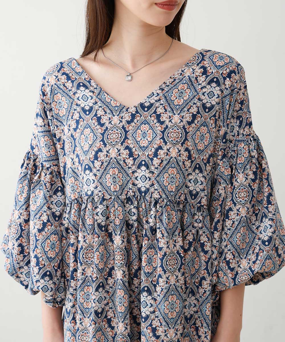 バルーン袖ミドル丈プリントワンピース