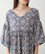 バルーン袖ミドル丈プリントワンピース