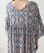 バルーン袖ミドル丈プリントワンピース