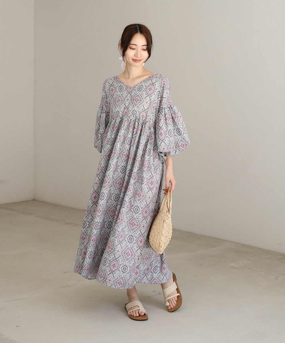 バルーン袖ミドル丈プリントワンピース