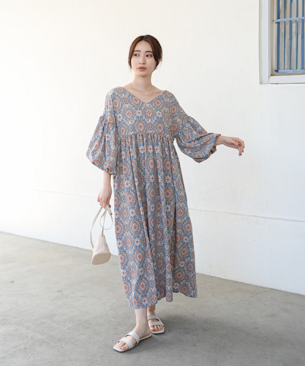 バルーン袖ミドル丈プリントワンピース