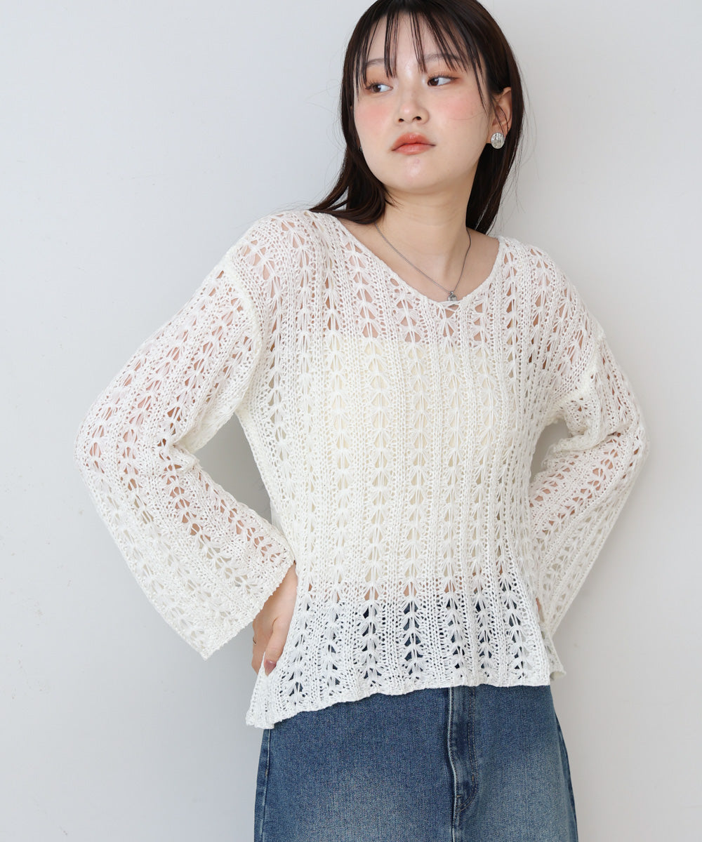 フラワーレース透かし編みトップス