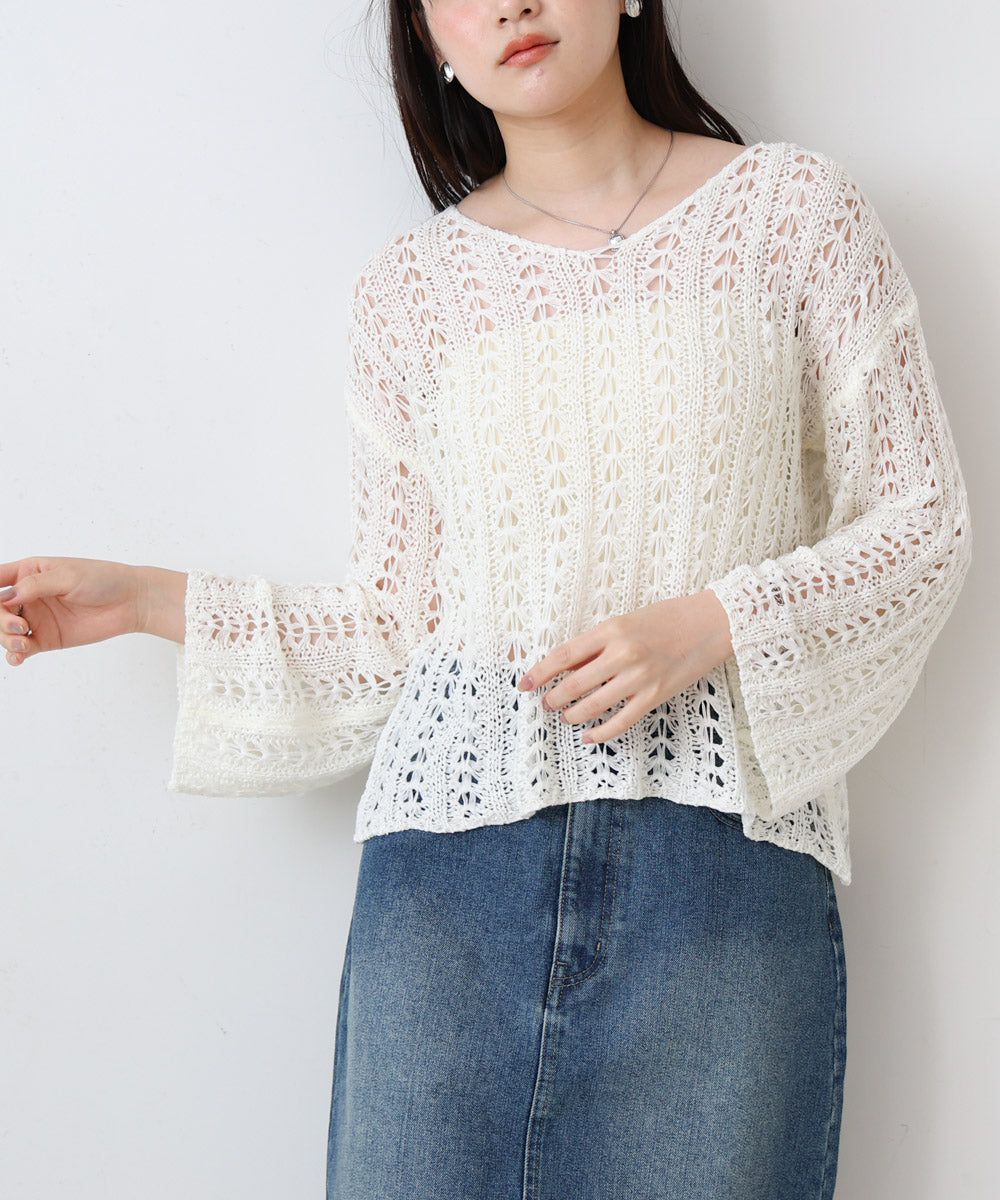 フラワーレース透かし編みトップス