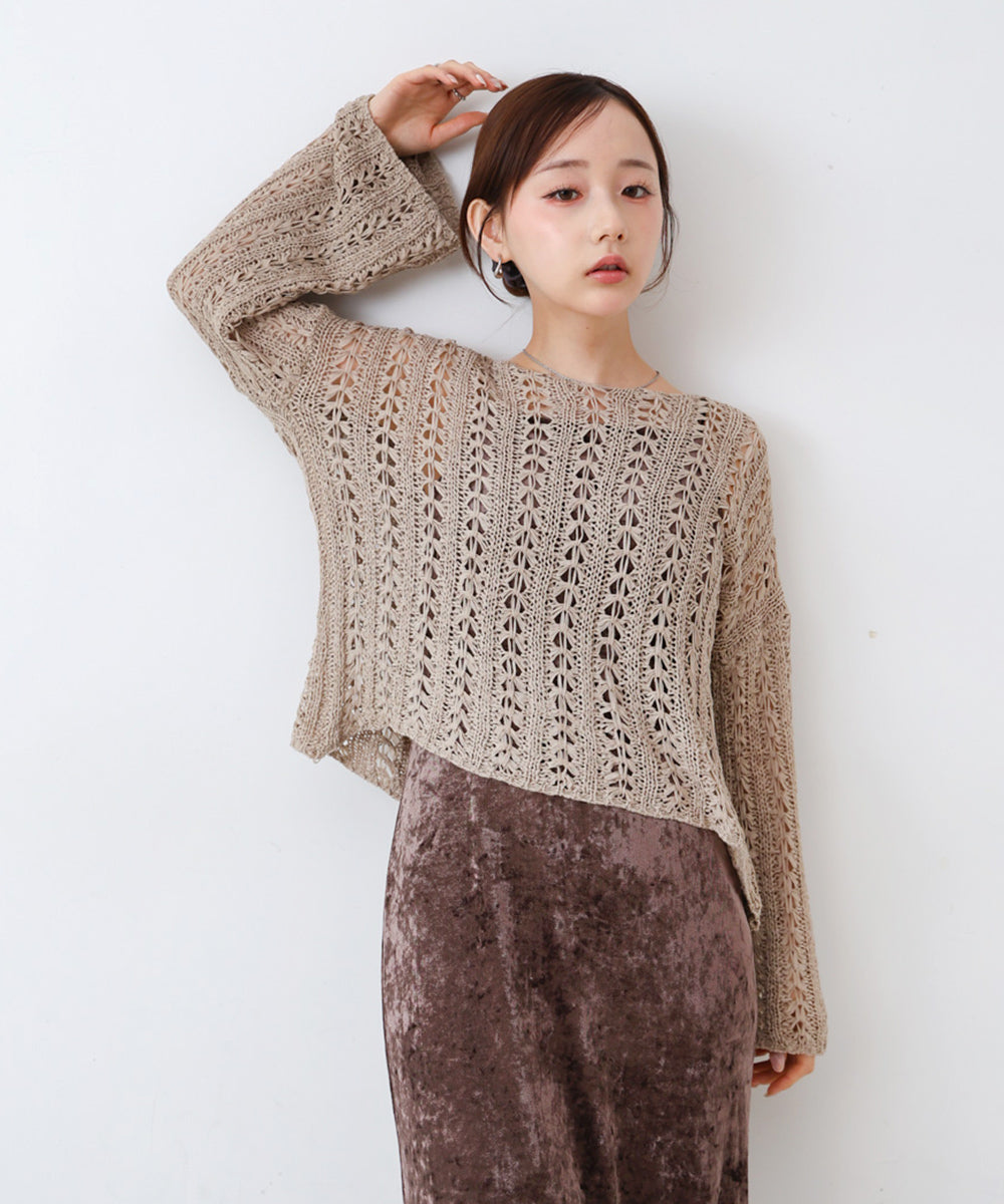 フラワーレース透かし編みトップス