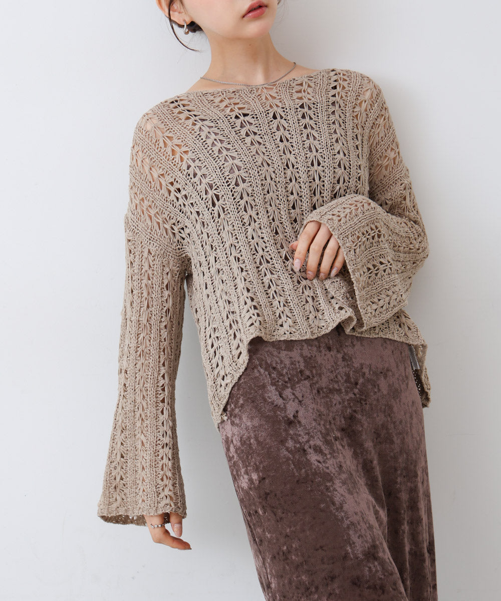 フラワーレース透かし編みトップス