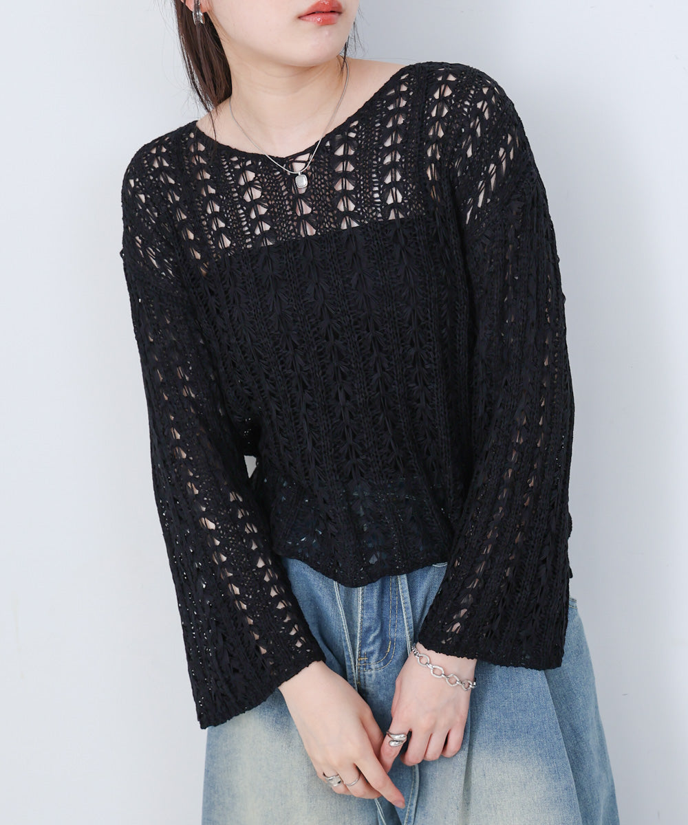 フラワーレース透かし編みトップス