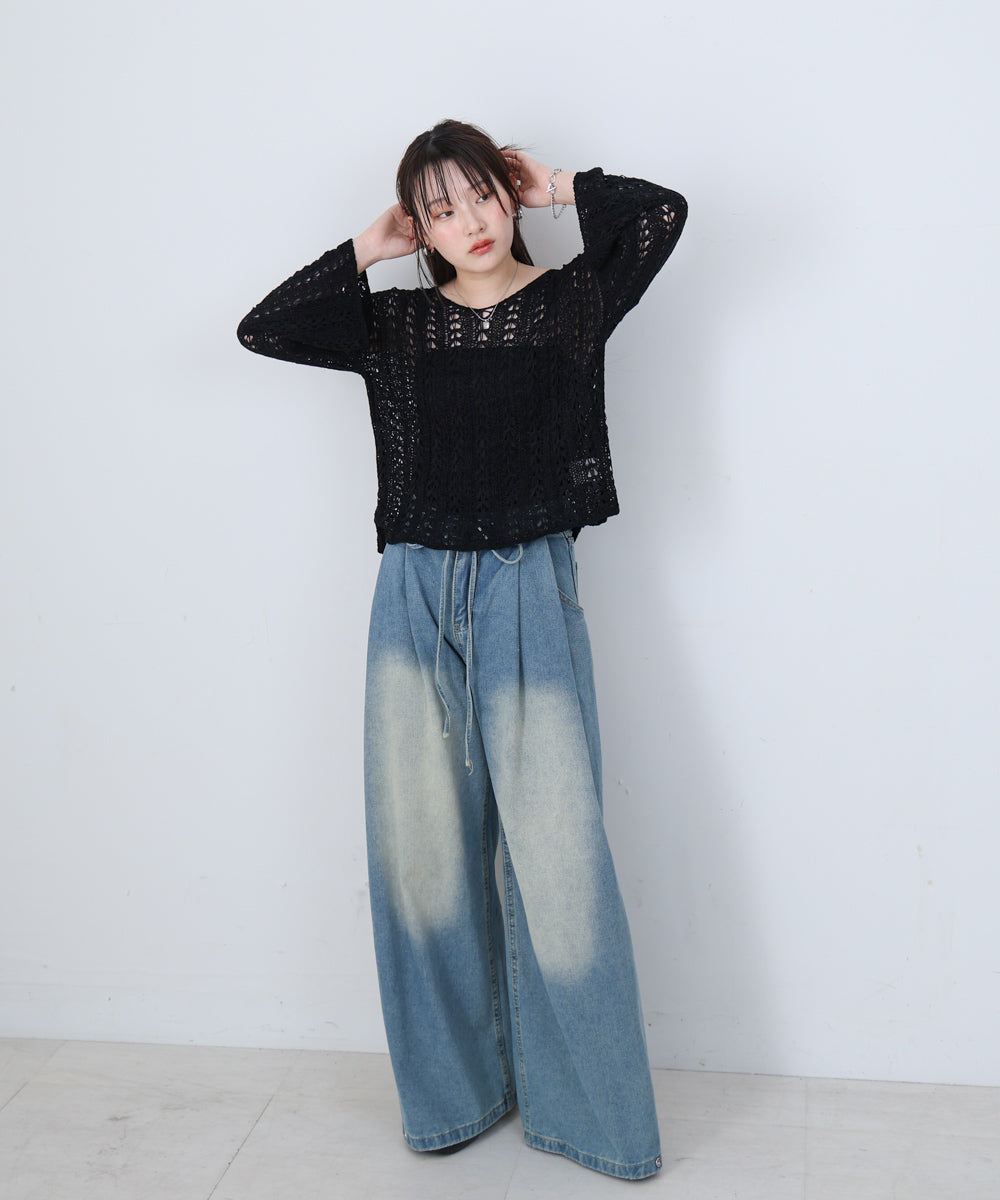 フラワーレース透かし編みトップス