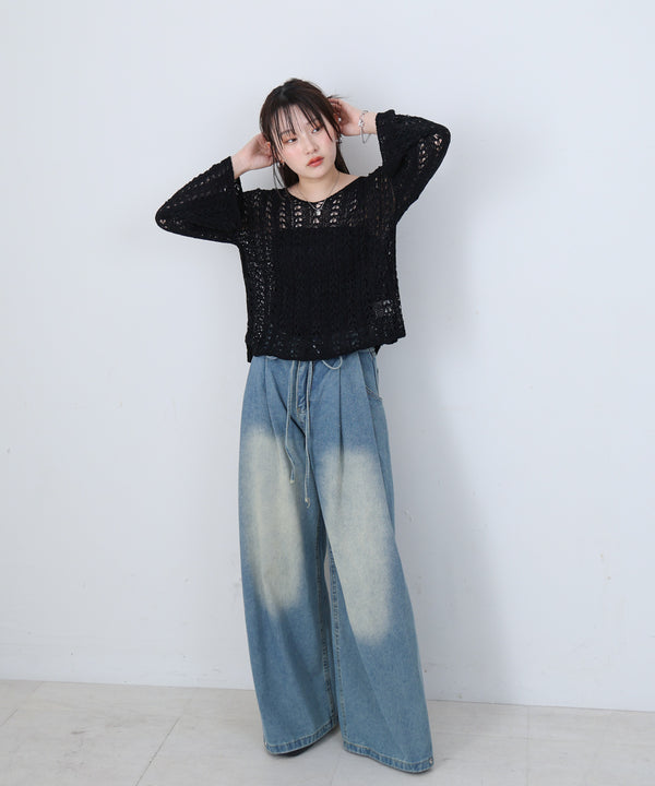 フラワーレース透かし編みトップス