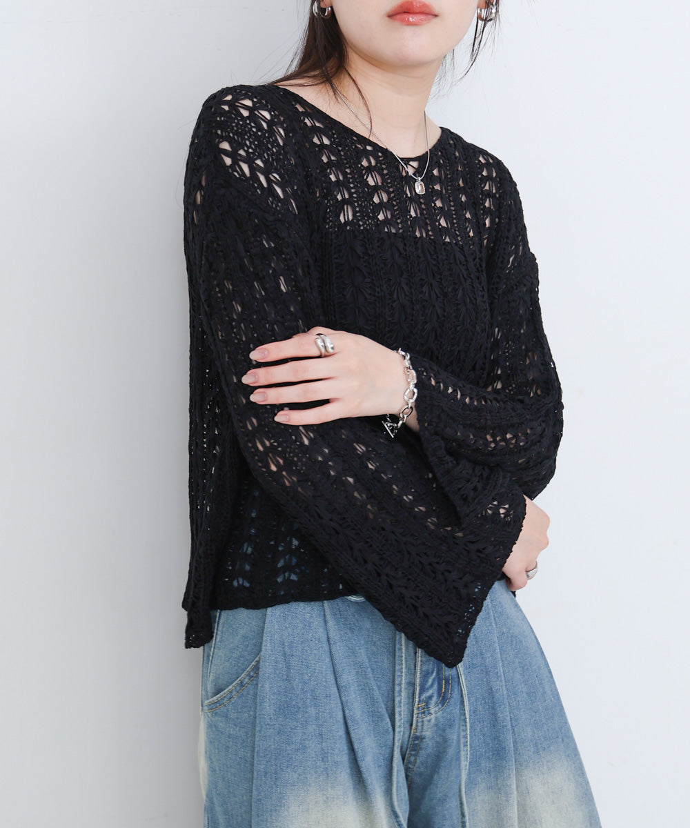 フラワーレース透かし編みトップス