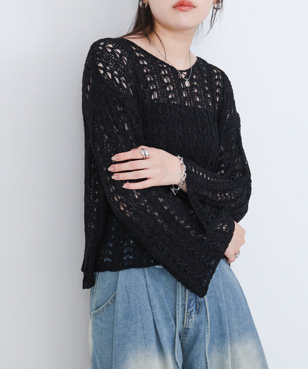 フラワーレース透かし編みトップス