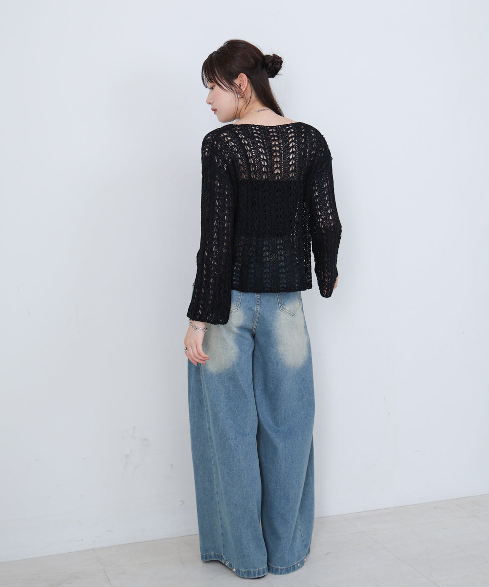 フラワーレース透かし編みトップス