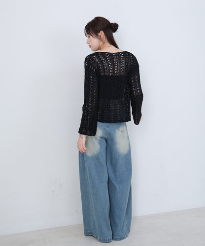 フラワーレース透かし編みトップス