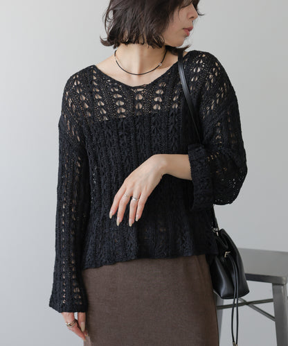 フラワーレース透かし編みトップス