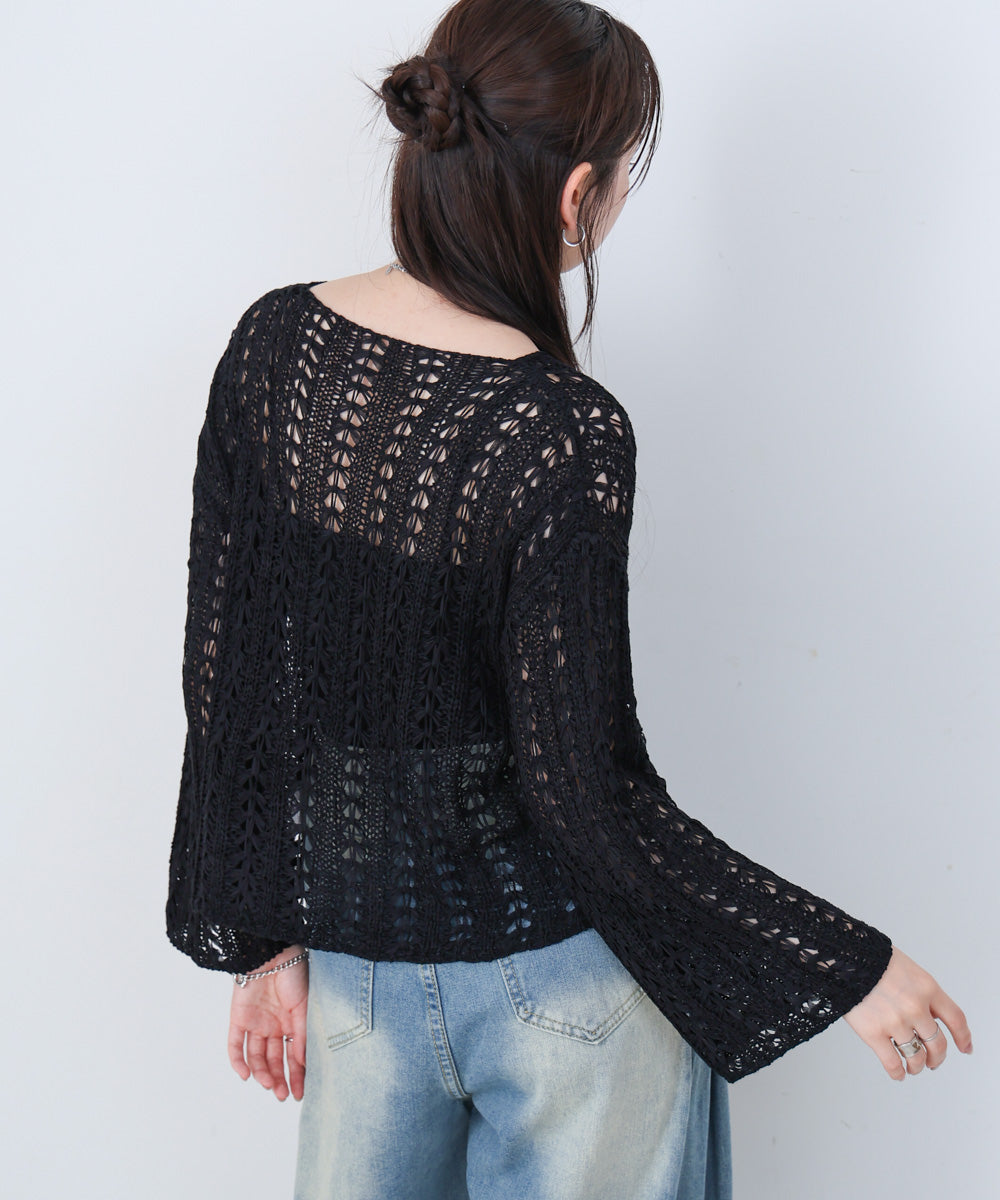 フラワーレース透かし編みトップス