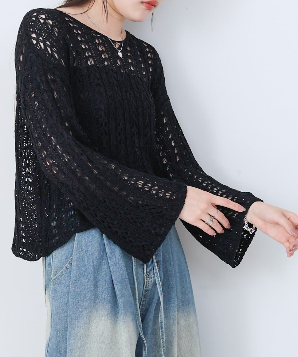 フラワーレース透かし編みトップス