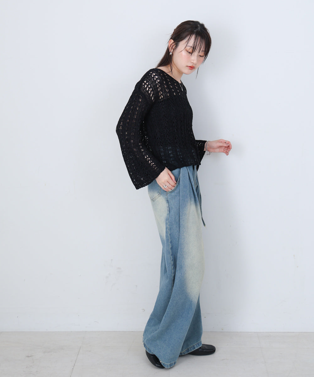 フラワーレース透かし編みトップス