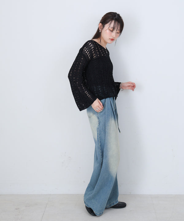 フラワーレース透かし編みトップス