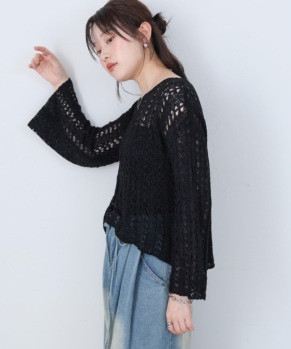 フラワーレース透かし編みトップス
