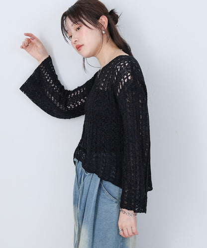 フラワーレース透かし編みトップス