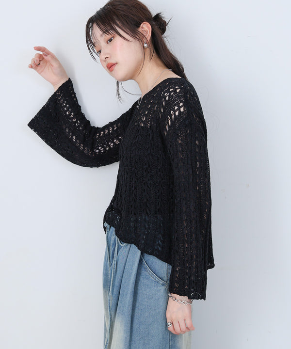 フラワーレース透かし編みトップス