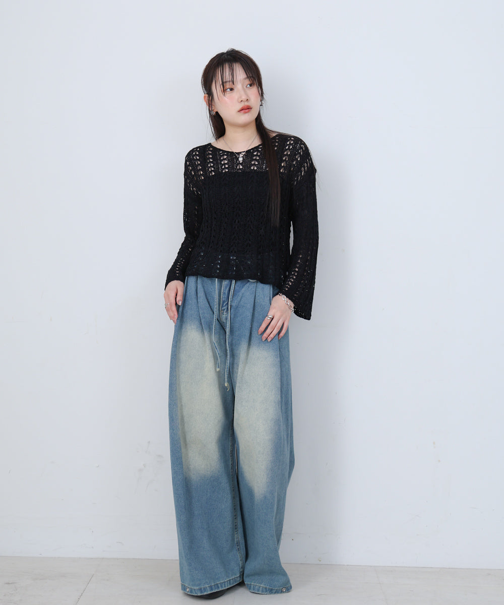 フラワーレース透かし編みトップス