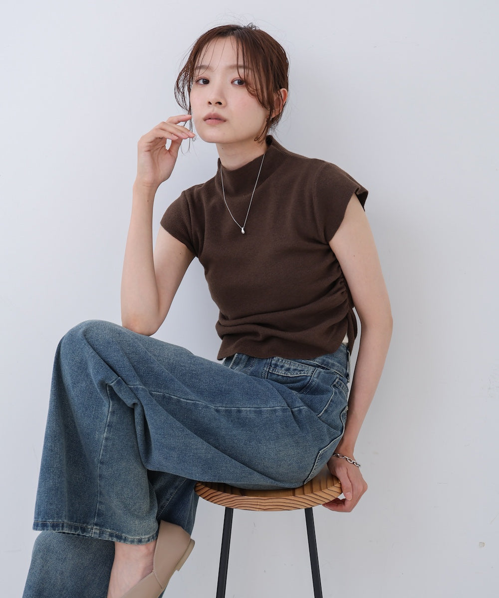 サイドギャザープチハイネックトップス