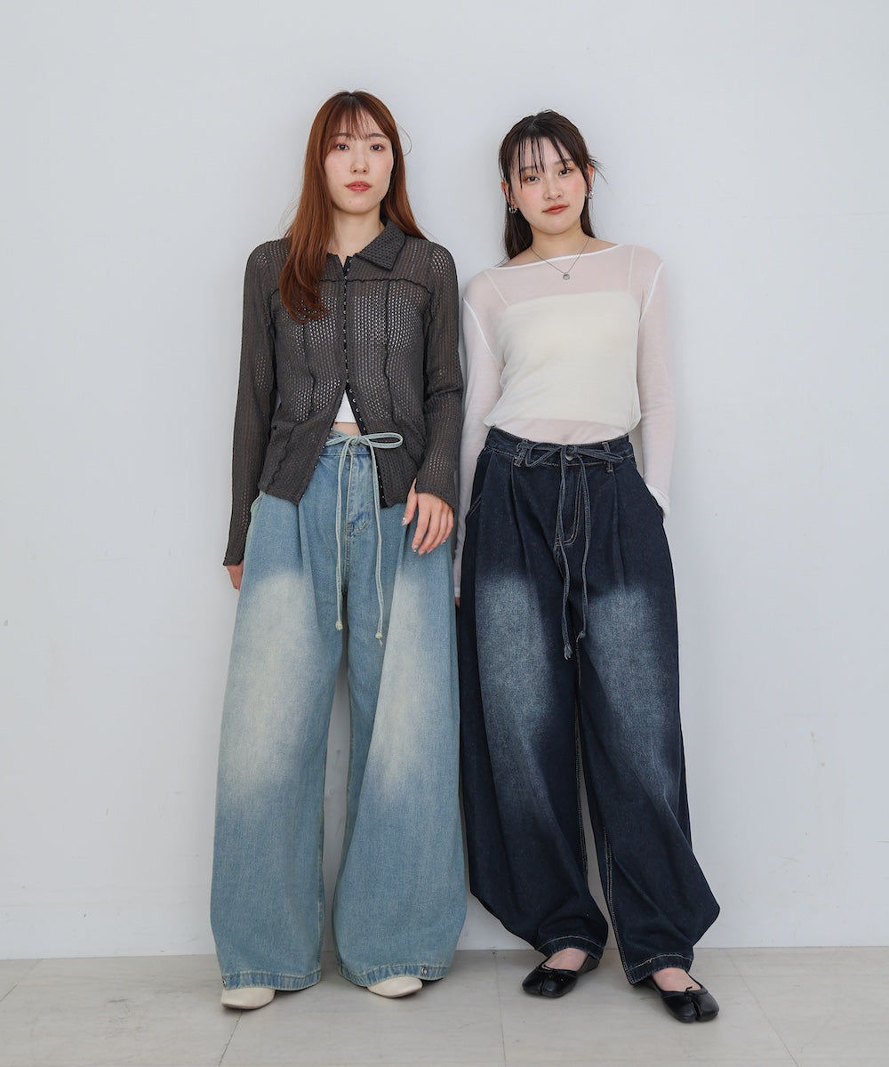 【M・Lサイズ展開】ウエストデザイン　ルーズデニムパンツ