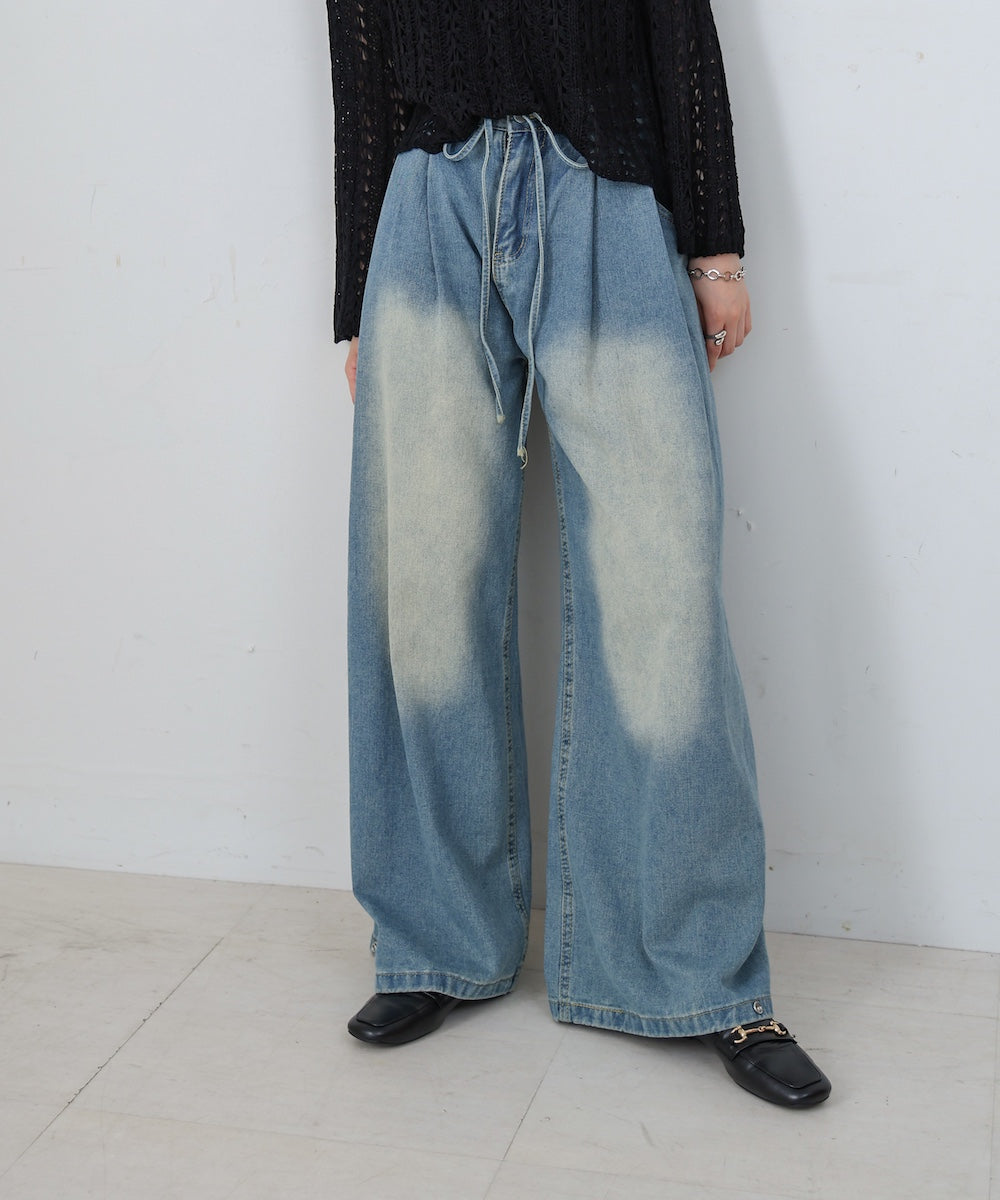 【M・Lサイズ展開】ウエストデザイン　ルーズデニムパンツ